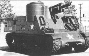Front and right side view of a post-war 105 mm Howitzer Motor Carriage, M7B2